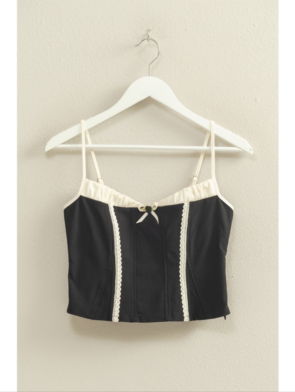 Black and Cream Lace-Trim Contrast Panel Bow Detail Cami Corset Crop Top
